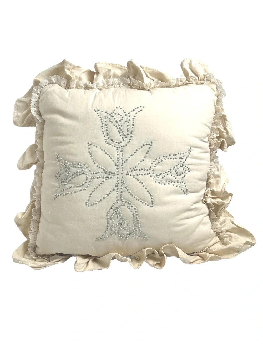 Handmade Cream Embroidered Floral Square Throw Pillow with Ruffled Edges
